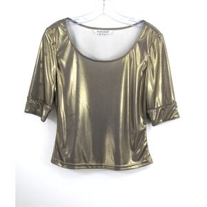 Mark Eisen Gold Platinum Shimmer Metallic Top Cuffed Short Sleeve Vintage M